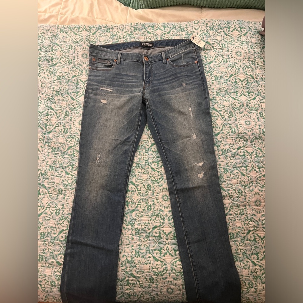 Express Blue Skinny Jeans with Distressed Details